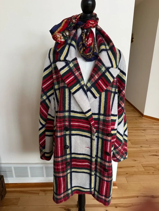 Desigual Red, Cream & Navy Plaid Double-Breasted Pea Coat - Picture 9 of 12
